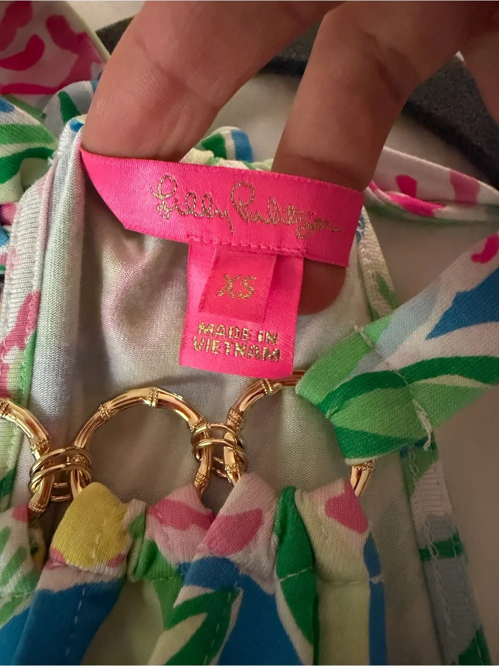 Lilly Pulitzer Green Pink Blue Floral Halter Dress with Gold Rings